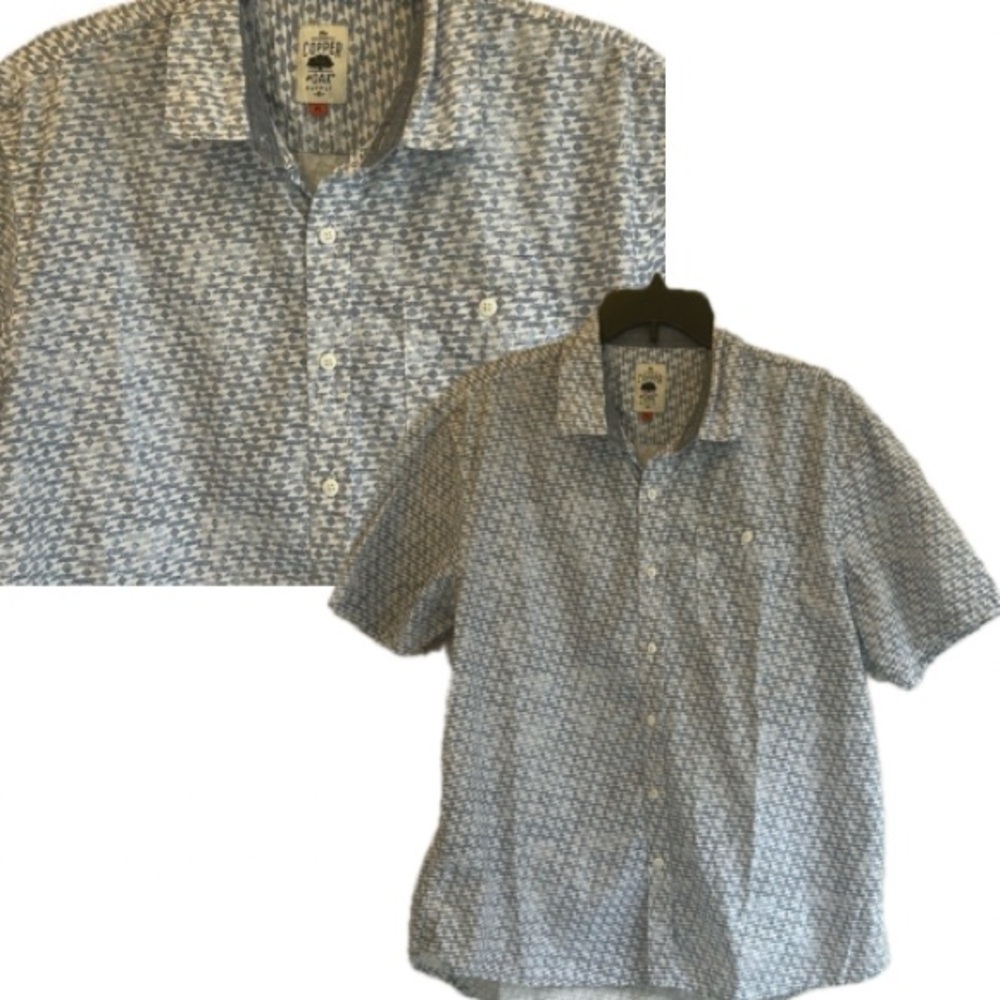 Copper & Oak Button Up Shirt Men XL Blue/White Short Sleeve Cotton Preppy Resort